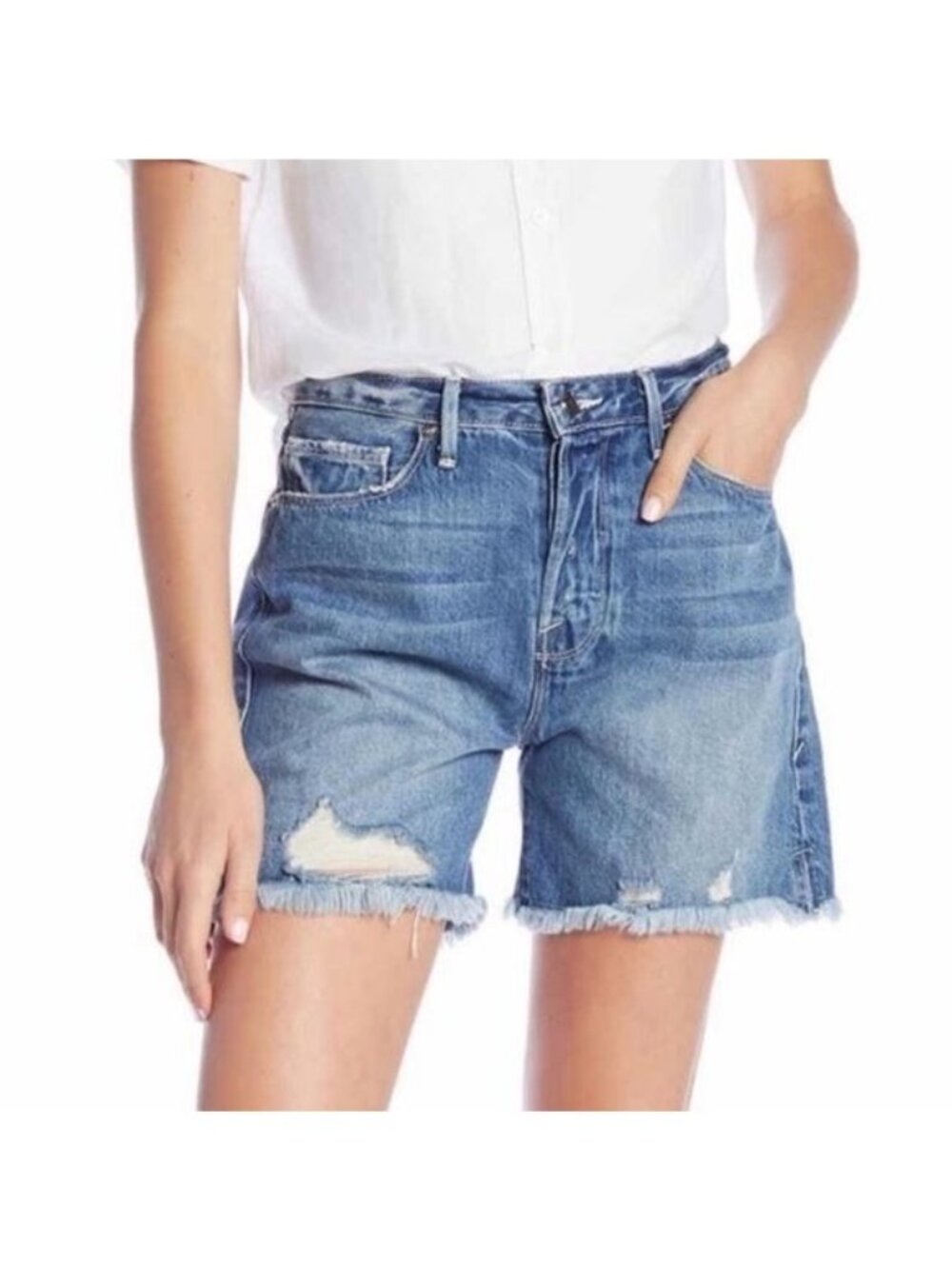 Good American High Waist Blue 197 Distressed Button Fly Cut Off Jean Shorts 8/29